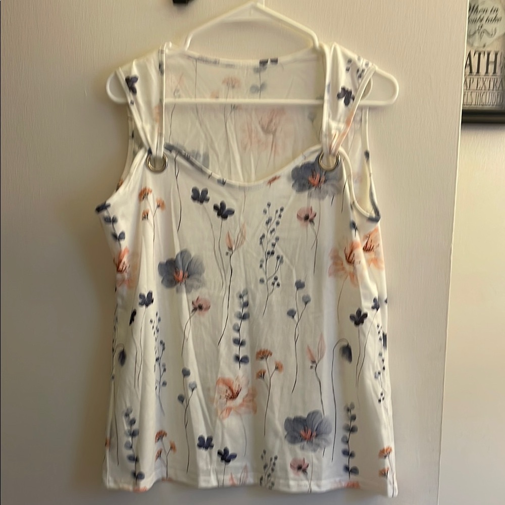 Floral Sleeveless Top - White with Blue and Pink Accents